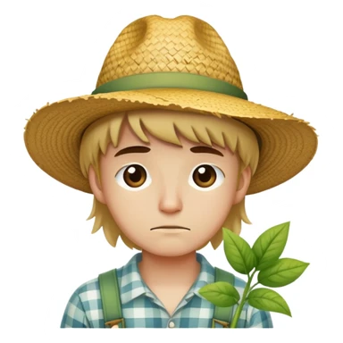 Sad young white gardener in a straw hat sticker