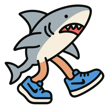 Tralalero Tralala, an Italian Brainrot character: a great white shark with three legs, wearing blue Nike shoes, color outline icon style sticker