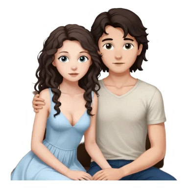 white girl, dark brown long slightly curly hair , skinni but with big breast , septum piercing on nose, beautiful dark gray-blue eyes, in white dress , boy dark brown eyes , light white skin , tall , skinny , light brown mid haircut ,  on his knee asking her to be hos wife sticker