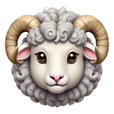 Cinematic Cute Ram Portrait Emoji, Head tilted playfully and inquisitively, featuring a dense, woolly grey fur with charming curled horns, round, sparkling dark eyes filled with curiosity, Simplified yet irresistibly adorable features, highly detailed, glowing with a warm, friendly glow, high shine, affectionate and spirited, stylized with a touch of rugged whimsy, bright and endearing, soft glowing outline, capturing the essence of a mischievous yet loving ram, so playful it feels like it could butt its way out of the screen and into your arms! sticker