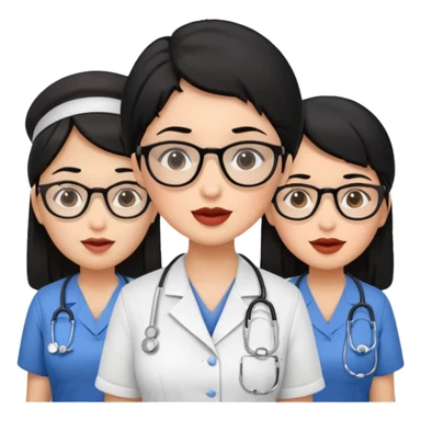Genera un emogis de 4 enfermeras pelinegra juntas, entre ellas una con un lunar encima del labio y otra con lentes sticker
