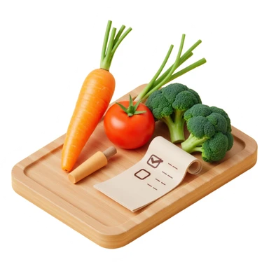 carrot tomato brocoli on the wooden cutting board with floating rolled paper list with checkbox sticker