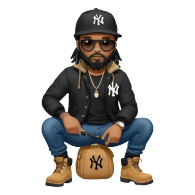 African American man with shoulder length black dreadlocks with black beard wearing black sunglasses wearing a black New York Yankees logo baseball cap wearing a black bubble winter coat wearing denim skinny jeans and timberland boots tying up his shoes sticker