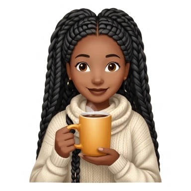 A dark-skinned Black woman with long black box braids, holding a steaming coffee cup with both hands, wearing a cozy sweater, smiling. sticker