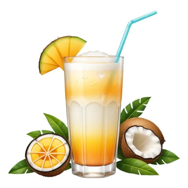 A beautiful cocktail with a creamy white to orange gradient, containing coconut juice and mango, reminiscent of summer. Above, there are tropical flowers, lemon slices, and a straws. sticker