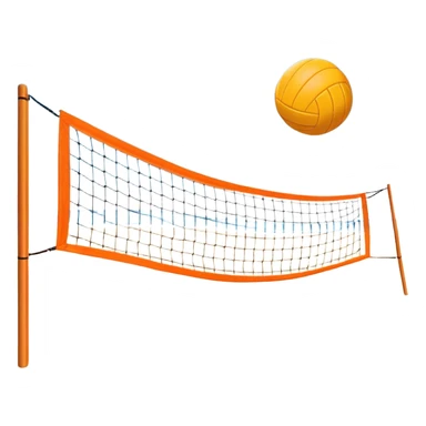 A beach volleyball net set up on the sand, with a volleyball hovering above it. The scene captures the action of a game in progress, with the sun shining brightly, beach sand stretching out, and the ocean visible in the background. sticker