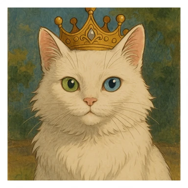realistic white cat with one green eye and one blue eye, wearing a princess crown sticker