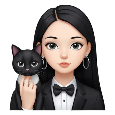 A girl with long straight black hair has upward-slanting eyeliner. She is wearing large silver hoop earrings, a black t-shirt, She is holding a  tuxedo cat with a black face  sticker
