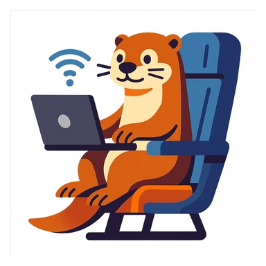 otter with laptop connected to wifi sitting on an airplane seat, vibrant toon style sticker