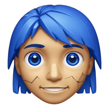 A single sapphire-blue faceted rock head, chunky and worn, with very visible cracks and chipped facets but still shiny, big kind eyes and a confident smile sticker