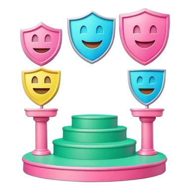 Minimalist 3D emoji-style podium with 2 steps on a green chroma key background. Step 1 (higher) features a handshake icon with blue neon glow. Step 2 (lower) features a smiling tooth with a shield icon and pink neon glow. Clean rendering, soft colors, uniform lighting. sticker