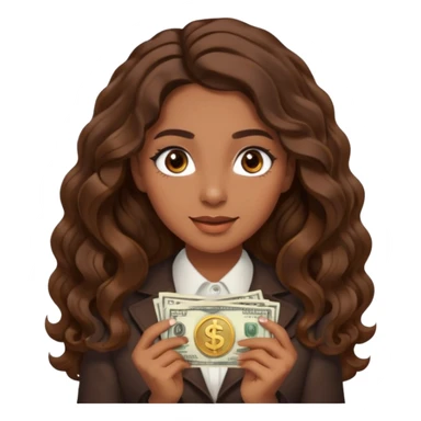 She has long, brown hair styled in soft wavy curls with a middle part. She has well-shaped eyebrows and dark brown eyes. She is wearing light makeup that highlights her natural beauty and is offering a slight smile to the camera. She is surprise when it comes to money sticker