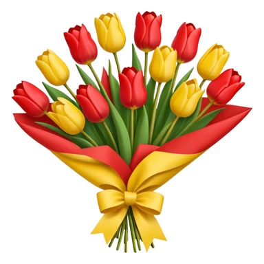 bouquet of tulip with red bow and yellow wrapping paper sticker