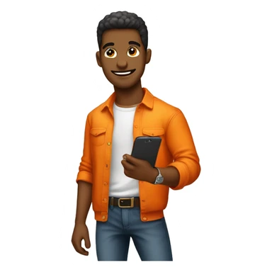 Hombre joven moderno con camisa de color naranja y usando celular sticker