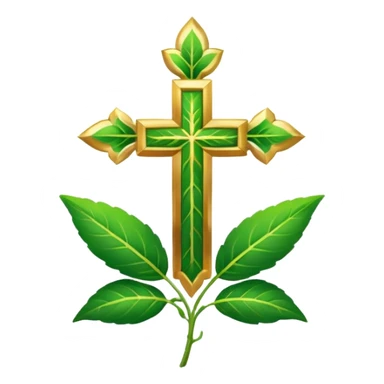 "A clean, friendly emoji of three vibrant green Tulsi (Holy Basil) leaves centered over a small, glowing golden cross or 'plus' sign, symbolizing healing. Simple, flat, 32x32 pixel icon style. Transparent background. Icon for natural healing and wellness." sticker