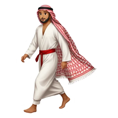 Arab man walking, traditional thobe and keffiyeh, mid-stride sticker