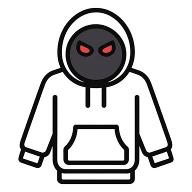 white hoodie with a black circle face, featuring only red angry eyes, clean modern icon style sticker