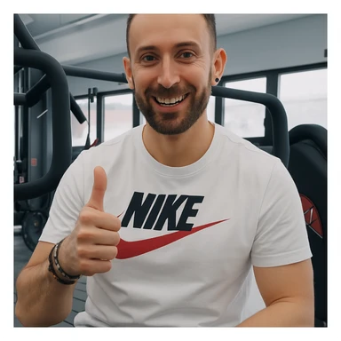 The man in the photo is making the OK gesture with his thumb up and smiling, in a gym environment, photorealistic style. sticker