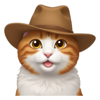 plain orange small chubby smiling hairy japanese bobtail cat while wearing a brown cowboy hat with the ears poking out of the hat sticker