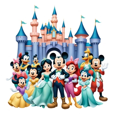 A vibrant collage featuring iconic characters like one Goofy, one Mickey Mouse, one Ariel, one Jasmine and one Franco. Each character should be large and bright, set against a cheerful and playful background with Disneyland. Transparent background. sticker