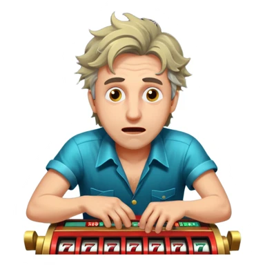 disheveled man losing money at a slot machine, panicked face, coins flying sticker