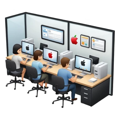 small office room with several people at desks using computers, symbolizing a small business, Apple iOS style, soft lighting, glossy finish, white background sticker