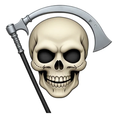 A laughing skull with a scythe crossed behind it, one eye socket winking. Clean, stylized lines, flat vector. Medieval woodcut style. Black and white with one accent color (tarnished silver). No background. sticker