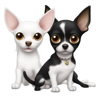 A white cat with a black spot on its nose next to a Black Chihuahua with white lightning strike marking in chest next to a smaller brown tab and white Chihuahua pup sticker