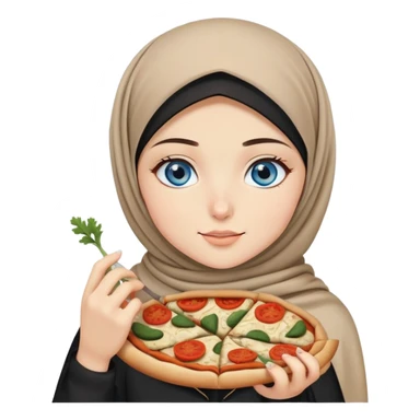 Turkish beautiful finish Konya girl blue eyes with beige and black hijab islamic dress and eating with her hand a slice of vegetable pizza  sticker