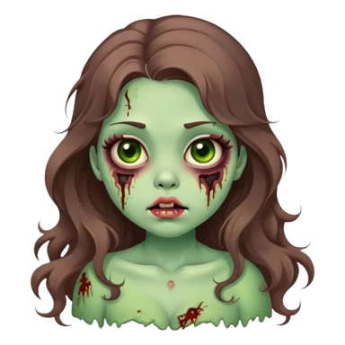 Zombie girl, long wavy brown hair, big doe brown eyes, cute chubby cheeks and lips, coquette / kawaii style, green zombie skin, bruises sticker