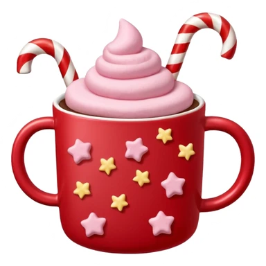 hot chocolate with pastel pink marshmallows in red christmas mug with stars and candy cane, trendy aesthetic sticker