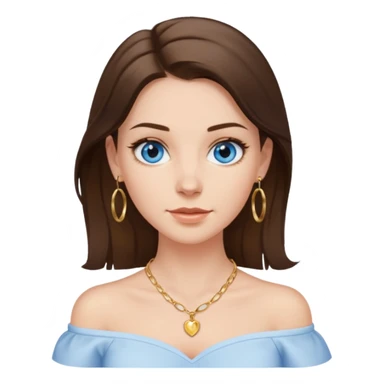 A pretty white girl with brunette hair blue eyes  thin gold hoop earrings and a matching gold necklace in a white shirt that cuts off the shoulders sticker