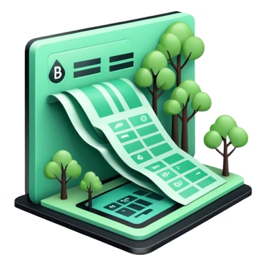 Environnement (Environment), 3D technical icon with black and mint green (#B5F4D3), environmental impact assessment document with regulatory compliance indicators and sustainability metrics sticker