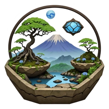 Alien saucer jungle-vines mountain-island landscape antique mudman very old broken cracked intricate Stone Age rocky-crusted irregular dodecagon-shaped shallow dark moss rough bark blue serissa flowered maple tree bonsai pot sticker