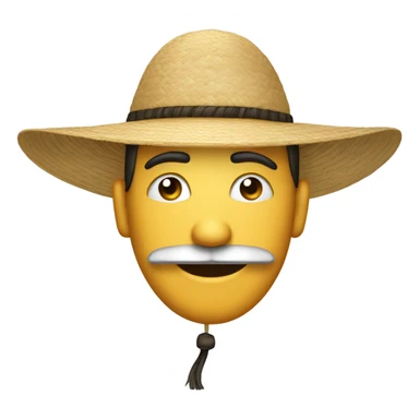 A generic emoji face with horizontal lines for eyes and a droopy horseshoe mustache, slightly smiling, wearing a traditional oriental rice hat sticker