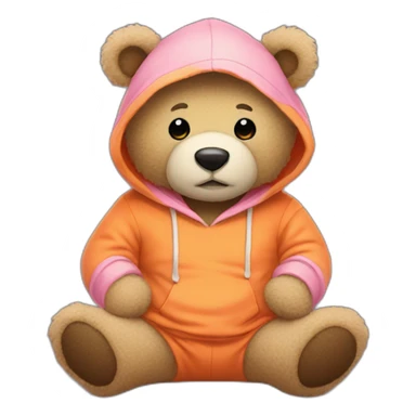 A cute light-beige teddy bear wearing an orange hoodie. His eyes are black. He's sitting on his buttocks. He has a pink sock. sticker