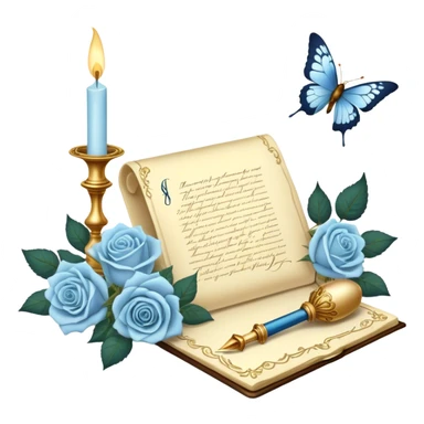 A dreamy, romantic scene of a candle-lit desk with an open love letter, a feather quill dipped in golden ink, an ornate perfume bottle, and a bouquet of pale blue roses resting beside a pearl-adorned butterfly.
 sticker