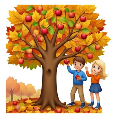 kids picking apples from a tree in autumn, colorful fall leaves, cheerful expressions sticker