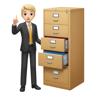 A person in business attire pointing to a tall filing cabinet, indicating document organization. sticker