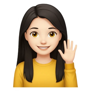 girl using her laptop, long dark hair with no part, white skin and yellow shirt long sleeves, smiling sticker