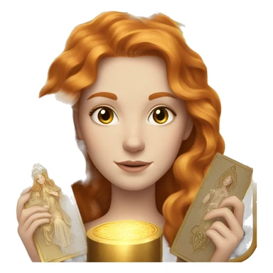 beautiful white girl with long ginger hair, light brown eyes and holding gold tarot cards  sticker