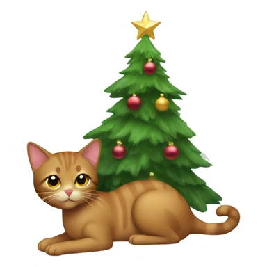 Brown cat under Christmas tree sticker