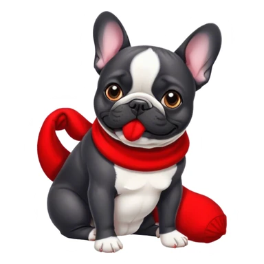 Black and white French Bouledogue eating a red sock  sticker
