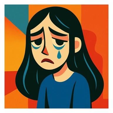 pale girl with long black hair, sad expression, emotional, stylized, unique visual takes, vibrant toon style sticker