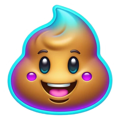 futuristic glowing poop emoji with funny smiling face, purple and cyan neon glow, dark background sticker