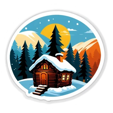 Eine Hütte im Wald mit einer Glaskuppel auf dem Dach, Winterlandschaft, Schnee und Nordlichter am Himmel sticker