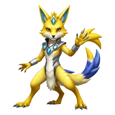 Modern anthropomorphic furry futuristic shiny colorful Lombax-Zeraora-Renamon-fusion (full body) sticker