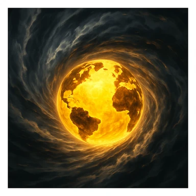 spinning yellow globe surrounded by hurricane winds, dramatic, energetic sticker