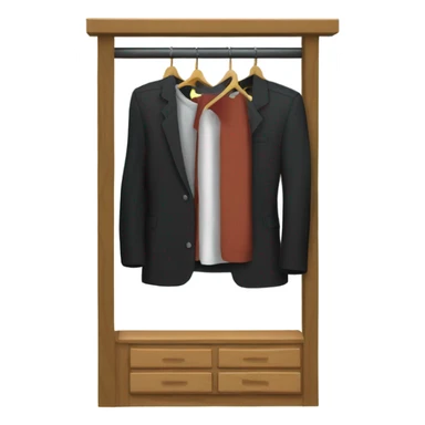 Design an emoji-style icon of an open wardrobe with clothes hanging inside. Include details like a wooden frame, hangers, and black clothing items such as shirts or any other clothing . Use a clean and minimalistic design. sticker