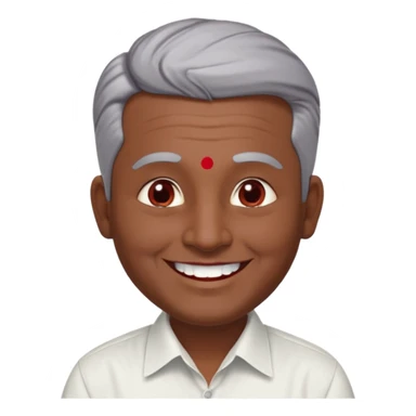 50 yr old indian man, dark skin, grey hair, big smile, white teeth, chubby, no moustache, clean shaven, young style hair, hair brushed back, 5 oclock shadow, bindy, dress shirt, forehead dot, chubby, religious, red dot, fancy hair, red dot sticker